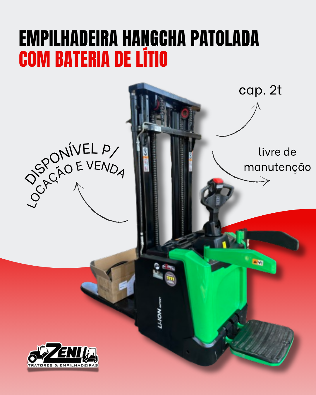 Empilhadeira Hangcha Patolada 2t (bateria de lítio, operador embarcado)